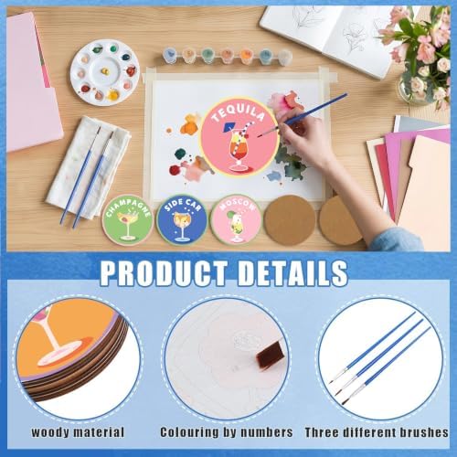 8 Pack Cocktail Paint by Numbers Kits Coasters with Holder Cork Pads