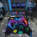 Castle Fairy Boys Gaming Reversible Comforter Set King Size,Video Games Gamepad Print Bedding Set with 2 Pillowcases,Space Galaxy Glow Neon Hexagon Duvet Set Gamer Room Decor,Polyester (Purple Blue)