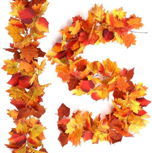 Joyhalo Fall Garland Autumn Leaf Garland Outdoor Fall Porch Decor, 2 Pack