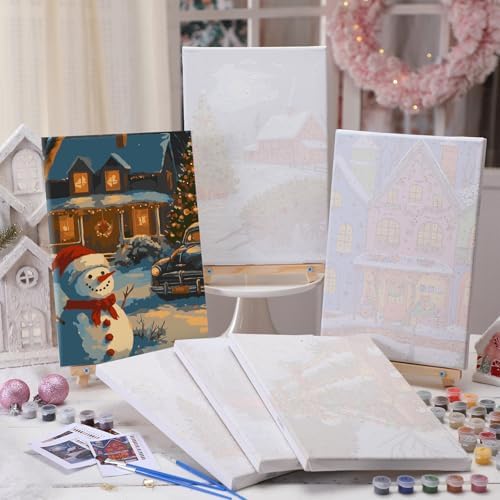 YooNotee 6 Pcs Winter Wonderland Paint by Numbers Kit for Adults 12x8 Inch Christmas Themed Canvas with Easel, DIY Oil Painting for Beginners, Home Wall Decor