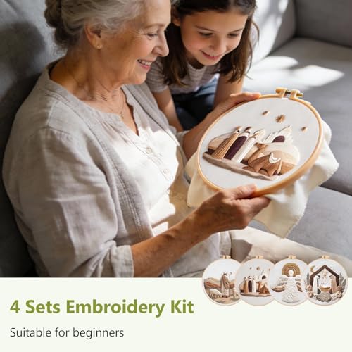 Santune Christian Embroidery kit,Nativity Scene Needlepoint Cross Stitch Kits for Beginners Adult,Needle Point Sets,4 Embroidery,2 Hoops,Christmas Ornaments