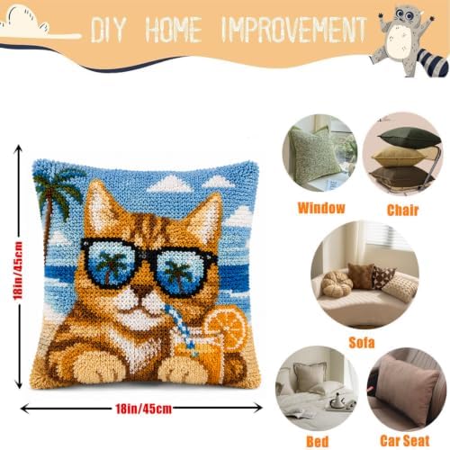 Sunglasses Cat Latch Hook Kits for Adults Beginners, Pre-Printed 17“ X 17"