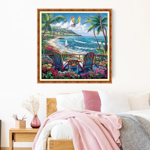 Joyhoor Stamped Cross Stitch Kits for Beginners Needlepoint Kits for Adults Embroidery Kits 11CT Counted Cross Stitch Kits Printed Embroidery Pattern-Rest Drink Tea by Seaside 18x18 inch