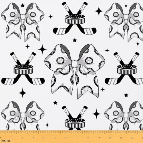 Ice Hockey Bow Upholstery Fabric for Chairs | Modern Ball Print Bowknot Fabric by The Yard 181"x63", Sports Ball Game Hockey Puck Geometric Bow Tie Sewing Fabric DIY Projects