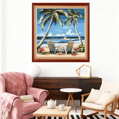 Joyhoor Stamped Cross Stitch Kits for Beginners Needlepoint Kits for Adults Embroidery Kits 11CT Counted Cross Stitch Kits Printed Embroidery Pattern-Drinking Tea Under Coconut Tree 18x18 inch
