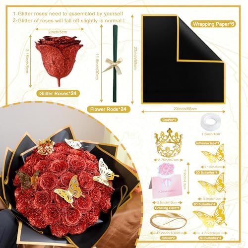 CCYXSHOW DIY Glitter Roses Bouquet Red - Artificial Rose Bouquet Kit Shiny Fake Eternal Floral Bouquets for Graduation Wedding Anniversary Birthday Gifts for Mother - 24 Pack