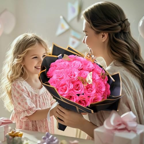 CCYXSHOW DIY Glitter Roses Bouquet 24 Pack - Hot Pink Artificial Flowers with Stems Wrapping Paper 3D Butterflies Crown for Graduation Anniversary Birthday Gifts