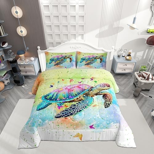Castle Fairy Sea Turtle Comforter Set Queen Size,Watercolor Tortoise Butterfly Bedding Gift for Children Adult Xmas Present,Girly Dreaming Style Polyester Quilt Set with 2 Pillowcases