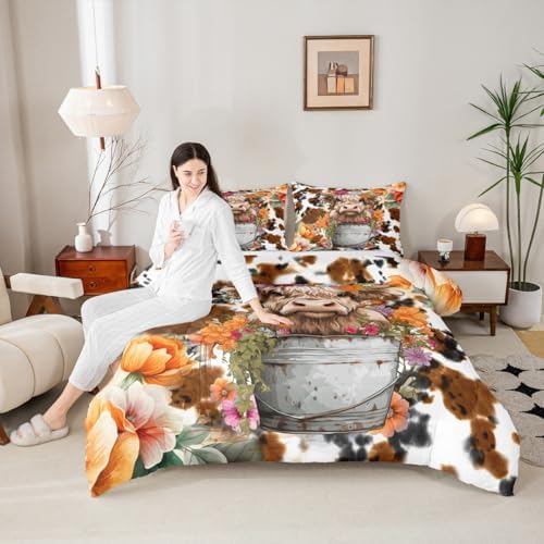 Highland Cattle Cup Comforter Set for Kids Adults,Retro Cow Skin Farmhouse Animal Soft Bedding Comforter Sets King,Watercolor Wild Flowers Rustic Style Quilt Comforter with 2 Pillowcases