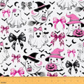 Bow Ghost Halloween Decor Upholstery Fabric Halloween Bats DIY Fabric by The Yard for Craft Lovers 181"x63", Gothic Moon Pumpkin Lantern Goth Witch Hat Skeleton Spider Web Quilting Fabric,White