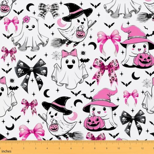 Bow Ghost Halloween Decor Upholstery Fabric for Chairs | Halloween Bats Outdoor Fabric by The Yard 362"x63", Gothic Moon Pumpkin Lantern Goth Witch Hat Skeleton Spider Web Waterproof Fabric,White