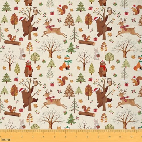 Merry Christmas Fabric by The Yard,Cartoon Bear Fox Deer Soft Polyester No Stretch Fabric,Farmhouse Wildlife Decorative Fabrics,Beige Brown Crafts & Sewing Supplies,3 Yards,108" L x 59" W