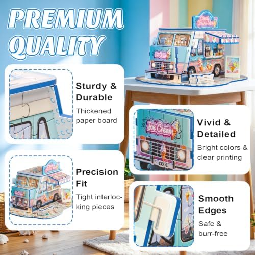 3D Puzzle for Adults, Ice Cream Van Miniature Model Kit with 277 Pieces, DIY Building Craft Kit, Colorful Summer Beach Decoration Display, Home Decor Gift for Teens Family & Friends