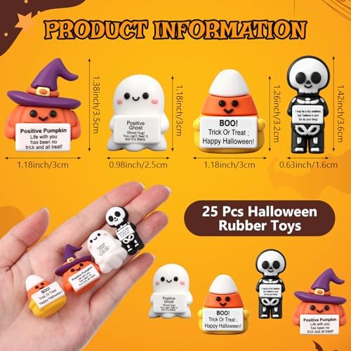 Gejoy 25 Pcs Halloween Mini Rubber Figurine with Motivational Messages Mini Ghost Pumpkin Candy Corn Skeleton Positivity Signs for Office Home Halloween Party Decorations Gifts