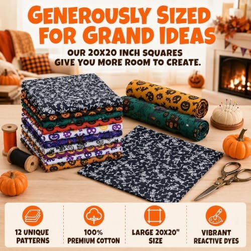 12Pcs Halloween Cotton Fabric Bundles, 20x20 Inch Halloween Sewing Fabric Squares Pumpkin Ghost Bat Printed Cloth for DIY Quilting Craft Decor