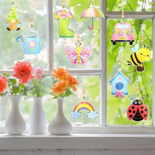 Dunzoom 30 Set Spring Craft Kit Suncatchers Kit DIY Flower Butterfly Suncatchers Kit Make Your Own Paint Sun Catcher Ornaments for Spring Window Art Craft Painting Activity