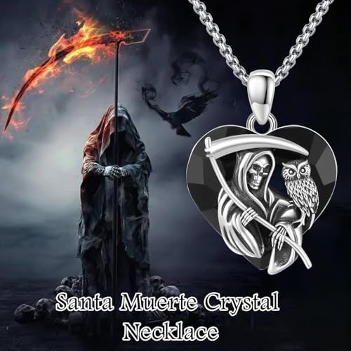 Santa Muerte Necklace for Men Sterling Silver Owl Skull Grim Reaper Pendant Heart Crystal Oxidation Skull Holy Death Scythe Aumelt Charm Necklace Jewelry Gifts for Father's Day Halloween Christmas
