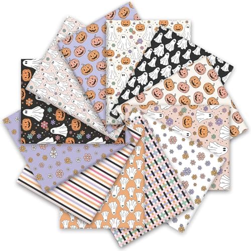 JarThenaAMCS 12Pcs Halloween Cotton Fabric Bundles Pumpkin Ghost Flower Fat Quarters Purple Black Pink Orange Quilting Patchwork for DIY Sewing Craft Decor, 18 x 22 Inch