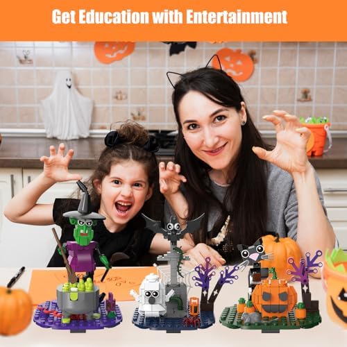 Halloween Building Blocks Set - Pumpkin Ghosts Witch Cat Grave Kit, Party Favors Gift Ornament for Kids