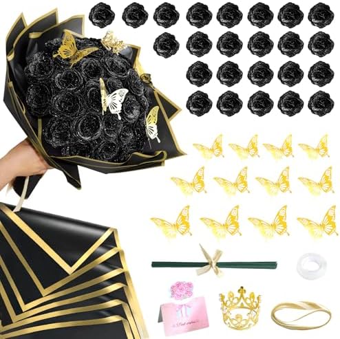 CCYXSHOW DIY Glitter Roses Bouquets - 24 Pack Fake Rose Bouquet Black Flowers with Stems Butterfly Crown Eternal Floral for Halloween Elegance Wedding Anniversary Birthday Party Gifts