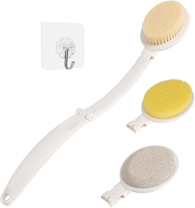 LFJ 19" Long Handle Shower Sponge Brush Set, 3 in 1 Body Brush, Bath Sponge and by LFJ