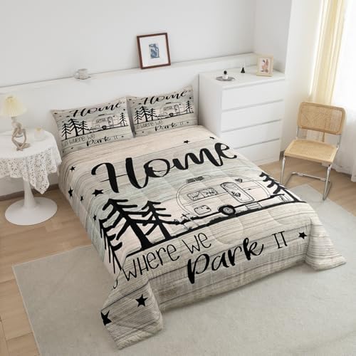 RV Happy Camping Comforter Set Twin Size,Home is Where We Park It Quilt Set for Kids Boys Bedroom Gift,Rustic Farm Camping Lovers Polyester Bedding Set with 1 Pillowcase,2Pcs