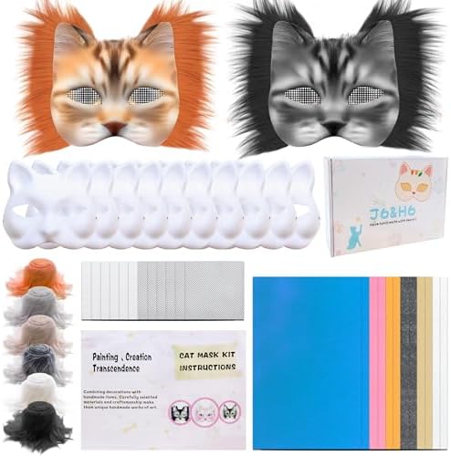 J6&H6 41 Pcs DIY Therian Mask Kit with Exclusive Ghost Stickers, Blank Cat Mask,Fabric Sheet, Faux Fur and Eye Mesh Suitable for Christmas Ghost Role-Playing Parties(Mised)