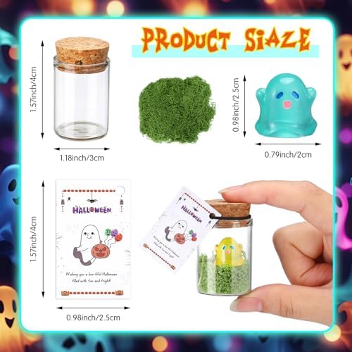 Skylety 60 Sets Halloween Ghost in a Mason Jar with Moss and Card Glow in the Dark Adopt a Ghost Figurine Luminous Creepy Crafts Spooky Crafts for Halloween Horror Decorations DIY Party Gifts
