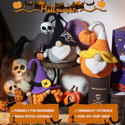 MAGIMUSE Crochet Kit for Beginners Crochet Starter Kits for Halloween Amigurumi Knitting Crochet Animals Kits Hooks Yarn Set with Step-by-Step Video Tutorials, 3 Halloween Gnomes (40%+ Yarn)