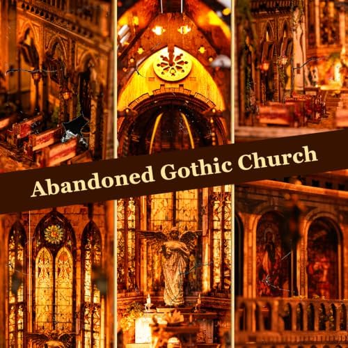 fifijoy Book Nook Kit - Abandoned Gothic Church DIY Miniature Dollhouse for Adults and Teens, Booknook Tiny House Bookshelf Decor 3D Wooden Puzzle with LED Lights, Creative Gifts for Family, Friends