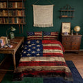 Castle Fairy American Flag Quilt Set Full Size, Brown Wooden Board Country Retro Farmhouse Natural Style Comforter Set for Girls Teens Bedroom Present, Microfiber Bedding Set with 2 Pillowcases