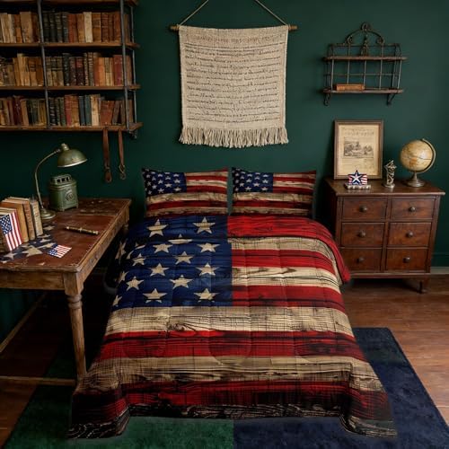 Castle Fairy American Flag Comforter Set Twin Size for Kids Boys, Wooden Planks Painted as USA Flag Patriotic Country Style, Room Decorative Quilt Set with 1 Pillow Sham, Ultra Soft