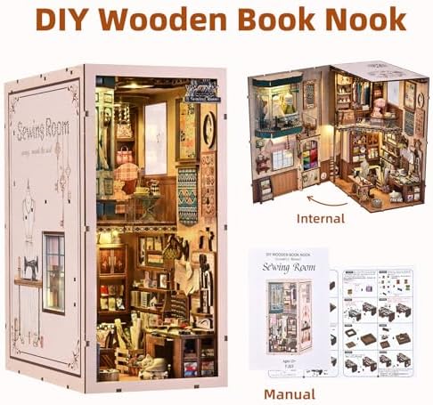 fifijoy Book Nook Kit - DIY Miniature House Dollhouse Kit for Adults and Teens, Booknook Tiny House Bookshelf Decor 3D Wooden Puzzle, Gifts for Family Friends (Sewing Room)