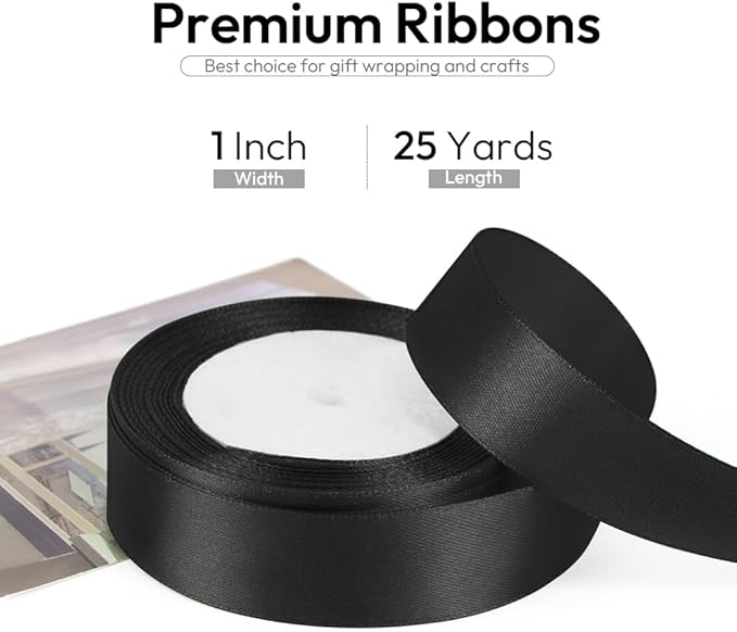 1 Inch 25 Yards Satin Ribbon Black, Solid Color Fabric Ribbon - Image 2