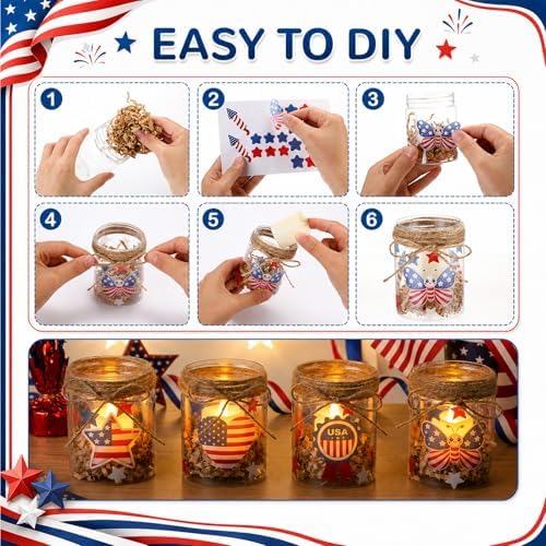 24 Sets 4th of July DIY Craft Kits Patriotic Plastic Mason Jar Making Craft Gifts Bulk American Flag Table Centerpieces 250th Independence Day Decoration for Anniversary Classroom Activities