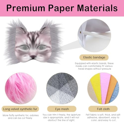 J6&H6 31 Pcs DIY Therian Mask Kit with Exclusive Funny Stickers, Blank Cat Mask,Fabric Sheet, Faux Fur and Eye Mesh Suitable for Christmas Role-Playing Parties(Pink)