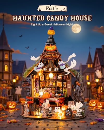 Rolife Halloween Haunted Candy House DIY Miniature House Kits with 9 LED Lights, Beginner-Friendly Tiny House Model Building Kits, Spooky Halloween Tabletop Decor, DIY Creative Hobby Gifts for Teens