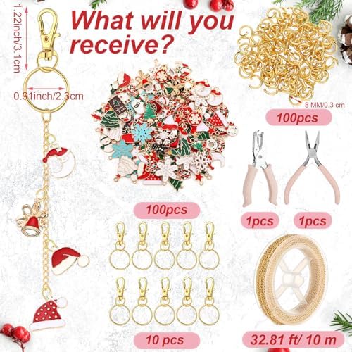 VioraWhite 213 Pcs Christmas Theme Lip Gloss Keychain Making Kit 100 Pink Enamel Charms 32.81 ft Gold Chains for DIY Crafts Women