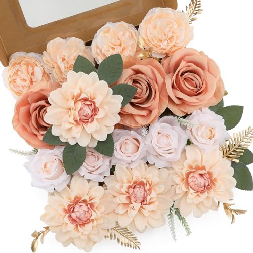 Floweroyal Artificial Flowers Fake Rose Flowers Dahlia with Stems for DIY Wedding Bridal Bouquets, Baby Shower, Floral Arrangement, Table Centerpieces, Home Decorations (Nude Color)