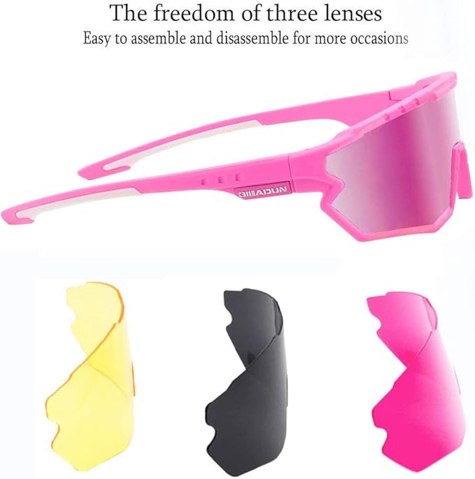 Sports Sunglasses Cycling Glasses Pink Polarized Glasses Baseball glasses with 3 lenses,Fishing,Ski Running Golf