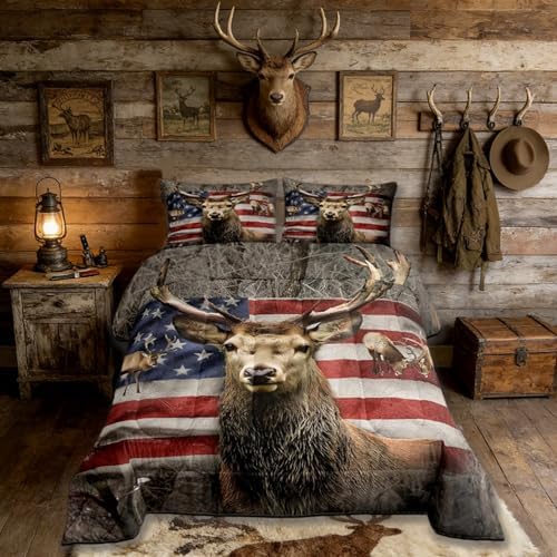 American Flag Deer Comforter Set Twin Size, Kids Boys Room Decor Brown Wildlife Animal and Trees Theme Bedding Comforters, Colorful USA Flag Print Natural Duvet Set with 1 Pillowcase, Soft