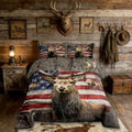 American Flag Deer Comforter Set Queen Size, Brown Wildlife Animal and Trees Theme Bedding Comforters for Children Adult, Colorful USA Flag Print Natural Polyester Duvet Set with 2 Pillowcases