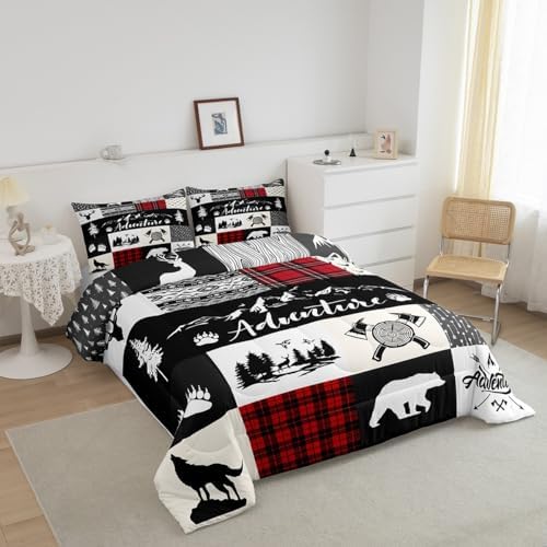 Castle Fairy Bear Deer Kids Comforter Set Twin Size,Hunt Arrow Adventure Wildlife Patchwork Bedding Set for Kids Boys Men,Red Check Boho Aztec Cabin Decor Quilted Duvet Set with 1 Pillowcase