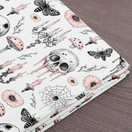 Sketch Skull Fabric by The Yard Mushroom Pink Poppy Plants No Stretch Fabric for Sewing Supplies Gothic Style Moth Spider Web Soft Polyester for Home DIY Projects 10 Yards Whole Piece,360" L x 59" W