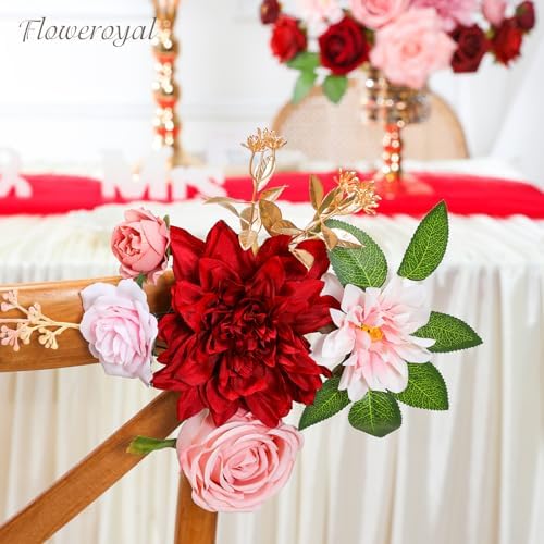 Floweroyal Artificial Flowers Combo Red Flowers Mix Silk Flowers Dahlia Roses with Stems for DIY Wedding Bridal Bouquets, Baby Shower, Floral Arrangement, Table Centerpieces, Home Decorations.