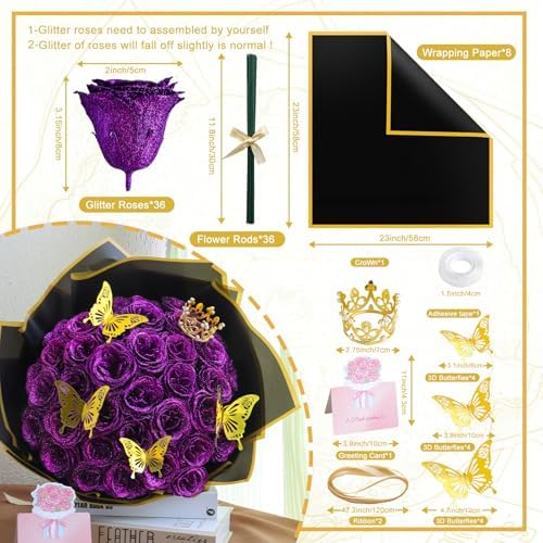DIY Artificial Roses Flower Bouquet 36 Pack - Glitter Purple Roses Shiny Flowers with Stems Eternal Floral Gifts for Elegance Wedding Anniversary Birthday Graduations Valentine's Day Mother's Day