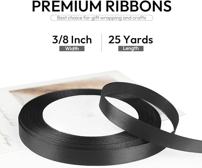3/8 Inch 25 Yards Satin Ribbon Black, Solid Color Fabric Ribbon - Image 2