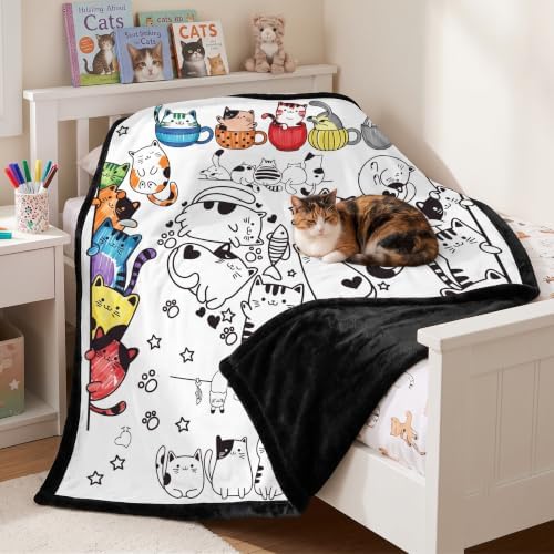 DIY Coloring Blanket for Kids, Cute Cat Doodle Fleece Throw Blanket with 24 Color Pens, Color Your Art Craft Kit, Plush Velvet Backing Gift for Girls Boys (Cats)