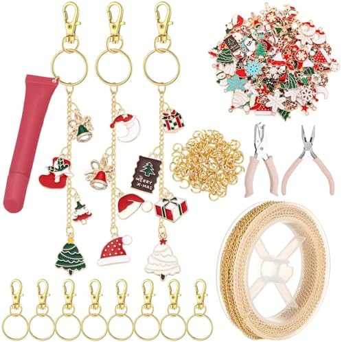 VioraWhite 213 Pcs Christmas Theme Lip Gloss Keychain Making Kit 100 Pink Enamel Charms 32.81 ft Gold Chains for DIY Crafts Women