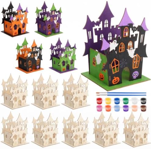 DoubleFill 12 Set Halloween Wooden Castle House Craft Kits with Paints